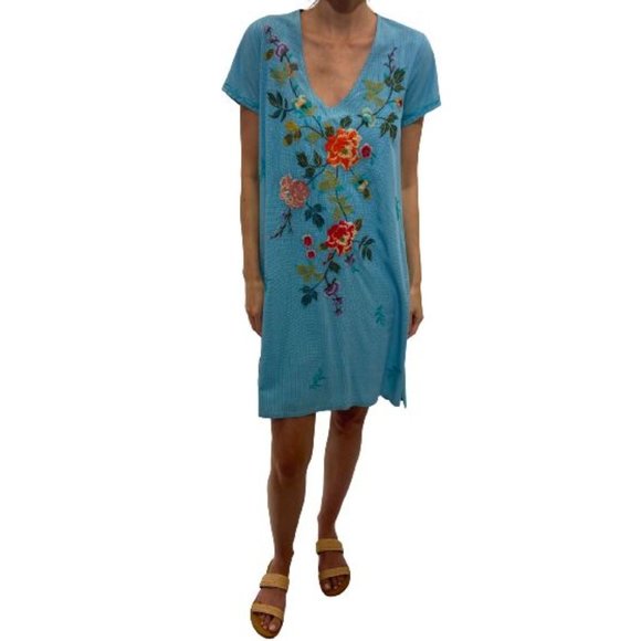 Johnny Was Adele Drape Tunic Dress Floral Embroid Flowers Plaid Viscose Blue New - Picture 1 of 9